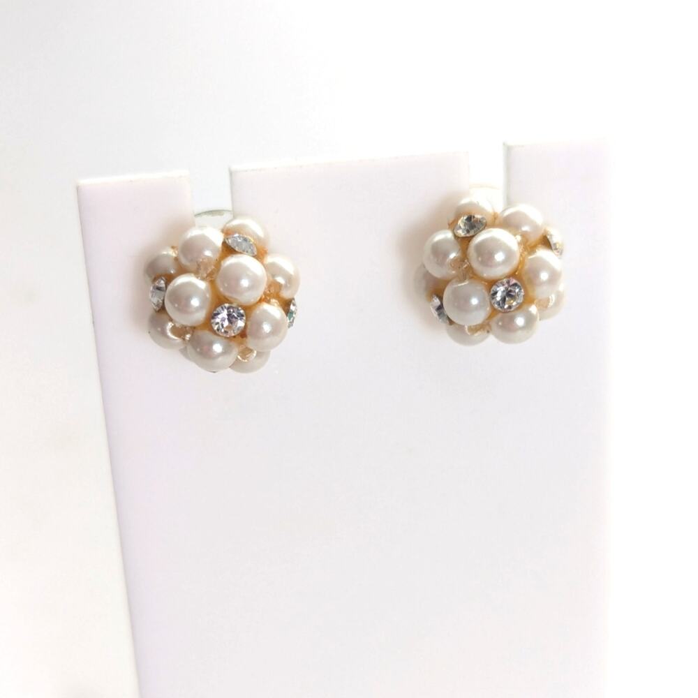 Vintage Estate Faux Pearl Rhinestone Dimensional Cluster Post Stud Earrings